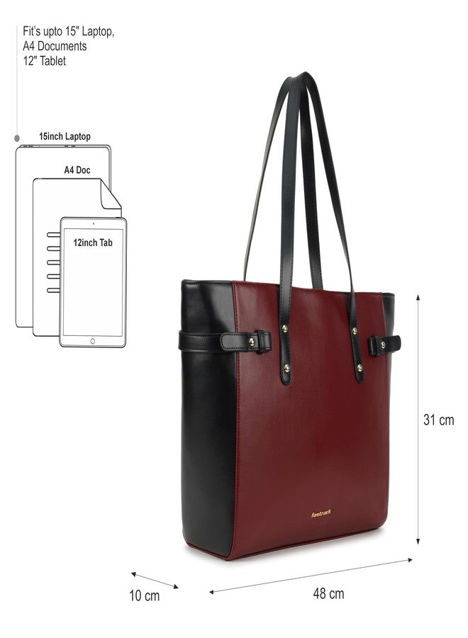 Fastrack Cherry Powermode Laptop Tote For Women | Cherry & Black Faux Leather Bag | Fits Upto 15" Laptop | Ladies Tote Bag with Zipper Closure & Utility Pockets - Image 4